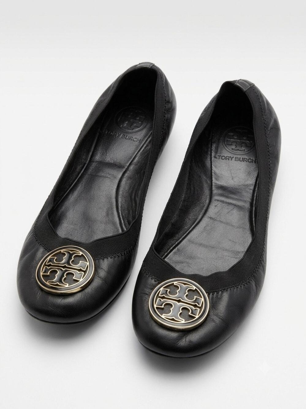 Tory Burch Reva Ballet Flats Black Leather Double T Logo Sz 7.5